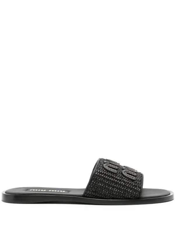 IMG_7942.webp Miu Miu Raffia-effect woven Black slides - Image 1